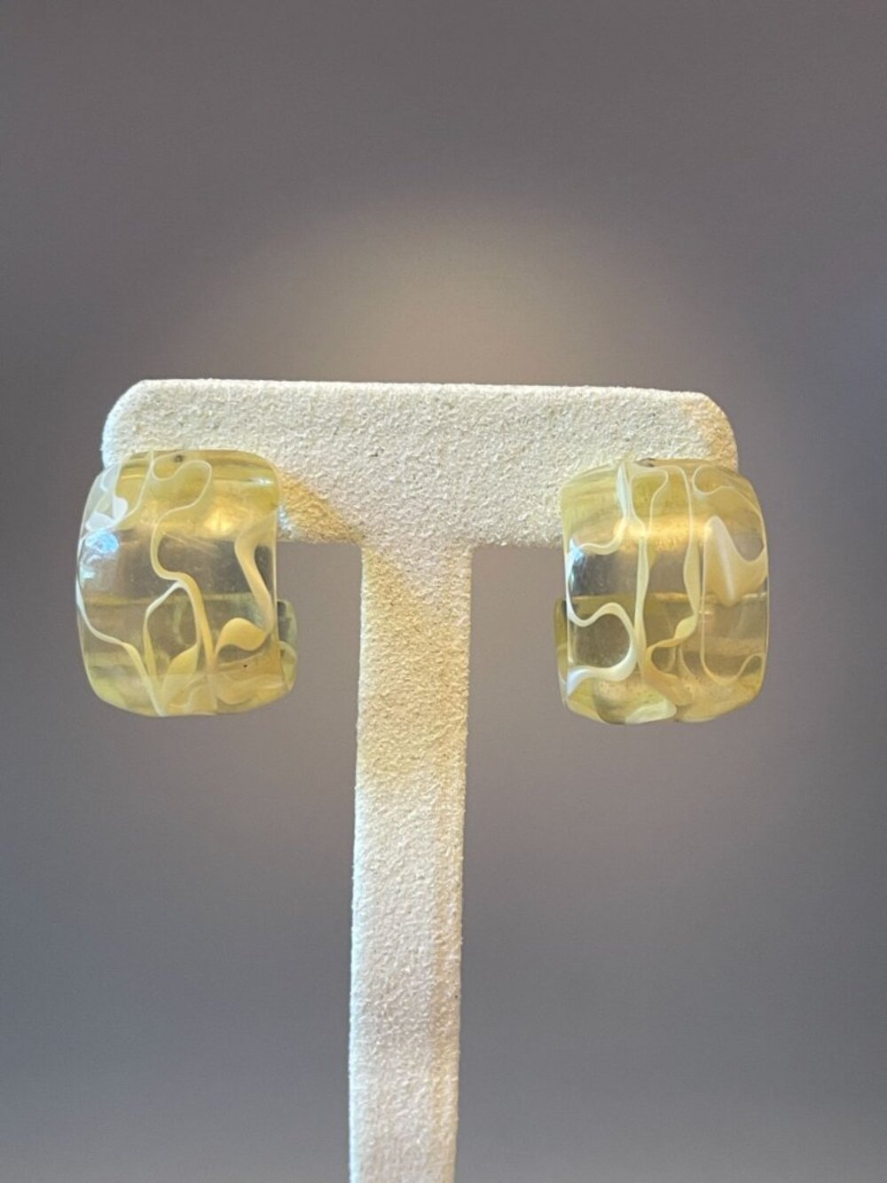 Vintage 60s Yellow & Clear Lucite Hoop Earrings With Groovy Design